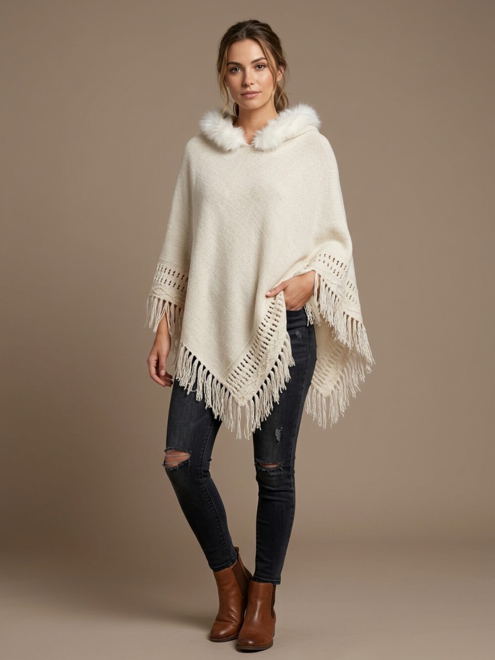 Cream Knit Hooded Poncho with Faux Fur Trim and Fringe Hem